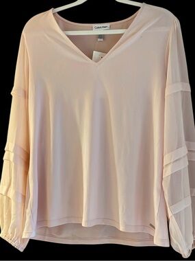 Calvin Klein Pale Blush V-Neck Blouson Sleeve Top